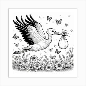 Line Art stork and baby Art Print