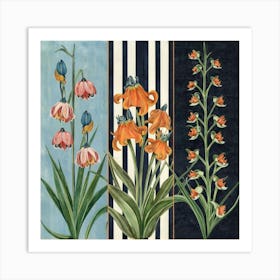 Three equal parts, each part containing a type of flowers 9 Art Print