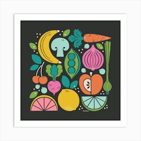 Fruits And Veggies - Black Art Print