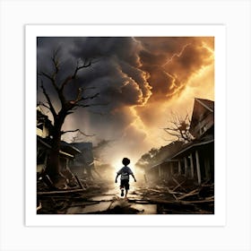 Amidst The Tumult Of A Raging Tornado A Lone Hero Emerges Sprinting Through The Twisted Metal Art Print