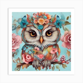 Owl With Flowers Art Print