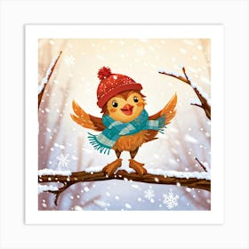 Sparrow Outfitted In A Festive Winter Attire Of A Charming Scarf And A Cute Hat Perched Joyfully On Art Print