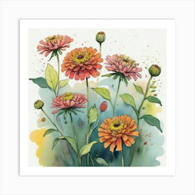 Zinnias flower plants painting art print 1 Art Print