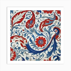 Red Blue And White Swirls Iznik Turkish Pattern Flora 1 Art Print