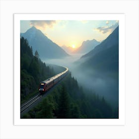 High Speed Train Passing Through Misty Mountain Valleys At Dawn 1 Art Print