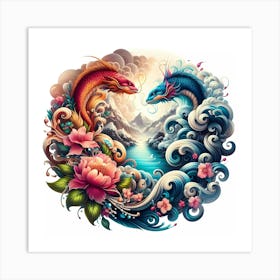 Dragons And Flowers Art Print