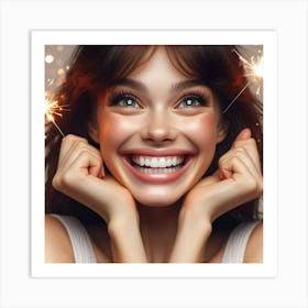 Happy Woman With Sparklers Art Print