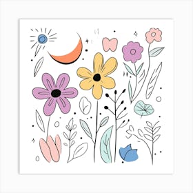 Cute Line Art Wildflowers 9 Art Print