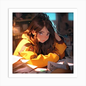 Anime Girl Sitting At Desk Art Print