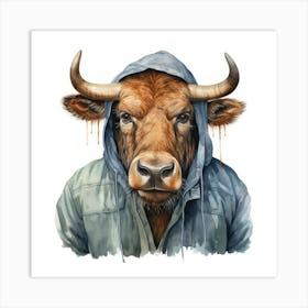 Watercolour Cartoon Wildebeest In A Hoodie 5 Art Print