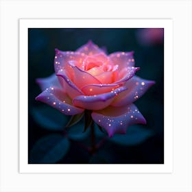 An Ethereal Rose With Petals Of Shimmering, Neon Light Blooming In A Celestial Garden 1 Art Print