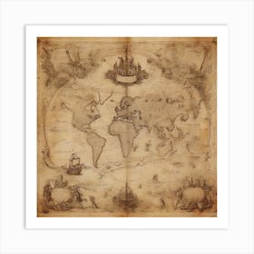 Old World Map, A Sketch on Parchment Paper Art Print