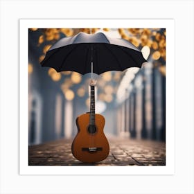 Acoustic Guitar With Umbrella 1 Art Print