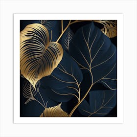 Gold Leaves On A Black Background Art Print