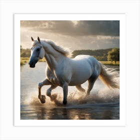 White Horse Running In Water 3 Art Print