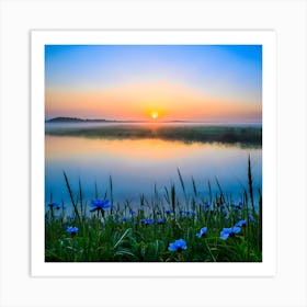 Sunrise Over Blue Flowers Art Print