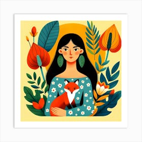 Girl with Fox and Leaves Art Print