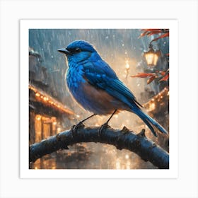 Blue Bird In The Rain Art Print