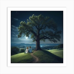 Couple Sitting Under Tree At Night Art Print