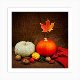 Autumnal Still Life Digital Painting Featuring Maple Leaf And Squash Placed Against Fabric Simulatin 2 1 Art Print