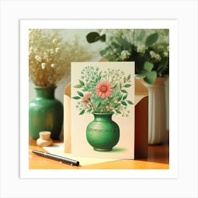 Green Vase With Flowers Art Print