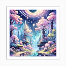 A Fantasy Forest With Twinkling Stars In Pastel Tone Square Composition 22 Art Print