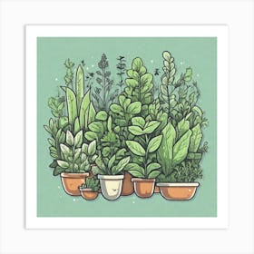 Illustration Of Herbs In Pots Art Print