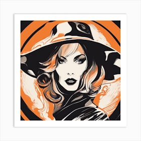 A Silhouette Of A Woman Wearing A Black Hat And Laying On Her Back On A Orange Screen, In The Style (4) Art Print