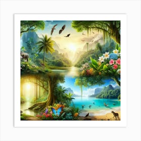 Jungle Landscape With Waterfall Art Print