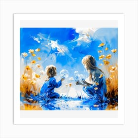 Child Playing In Water With Bubbles Art Print