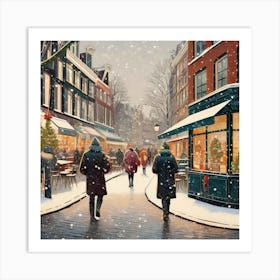 Amsterdam cafes, winter season, Christmas, pale colors, pedestrians in the street, winter clothes, falling snow.11 Art Print