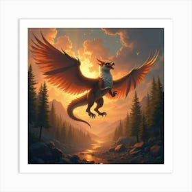 A Griffin Battling A Dragon Above A Burning Forest 1 Art Print