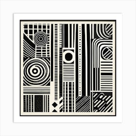 Retro Inspired Linocut Abstract Shapes Black And White Colors art, 231 Art Print