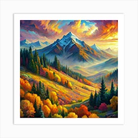 Mountain Landscape With Autumn Colors And Dramatic Sunset Sky Art Print