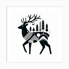 Scandinavian style, Silhouette of a deer with forest 1 Art Print