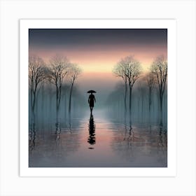 Person Walking In A Rainy Forest Art Print