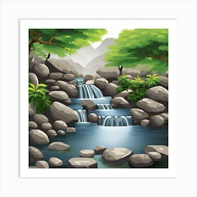 Waterfall In The Forest, A Serene Zen Garden With Flowing Water And Rocks Symbolizing Tranquility And Equilibrium Art Print