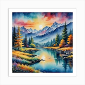 Glowing Horizons: A Surreal Alpine Scene Sunset By The River Art Print