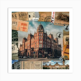 Vintage Travel Stamps And Train Photos Collage On Coffee Corner Wallpaper Art Print