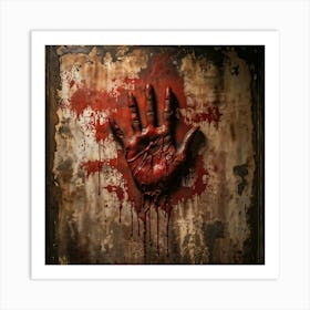 Bloody Handprint Smeared Across An Aged Wall Texture Of Dripping Blood Eerily Glistening Disturbin (4) Art Print