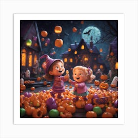 Halloween Pumpkins And Children Playing Art Print