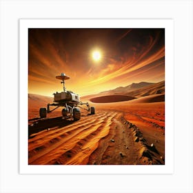 A Mars rover exploring the red planet's surface, with a dramatic sunset. Art Print