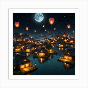 Asian Village At Night Art Print