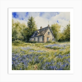 Bluebells Farmhouse - Watercolor Sunny May Gardens in England - Beautiful Tranquil HD Gallery Fine Wall Art - Greenery Landscape Purple Blue Green Scenery Art Print