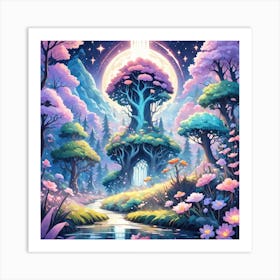 A Fantasy Forest With Twinkling Stars In Pastel Tone Square Composition 139 Art Print