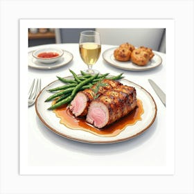 Watercolor Sketch Of A Classic And Savory Pork Tenderloin On A Chic Restaurant Table Art Print