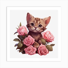 Kitten With Roses Art Print