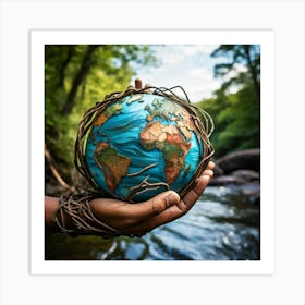 A Hand Of Earthy Brown Weaves Cradling A Detailed Miniature Globe Veins And Tendons Popping Against (1) Art Print