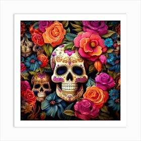 Day Of The Dead Skulls And Flowers Art Print