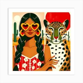 Girl, Cheetah, and Cactus Art Print